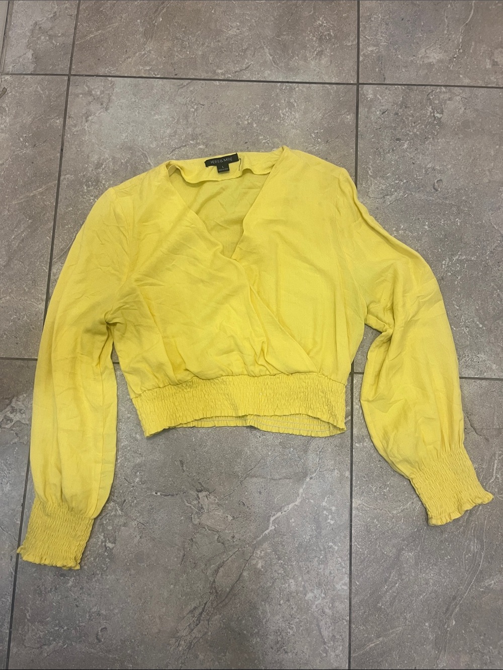 Express Yellow Smocked-Hem Surplice Crop Top